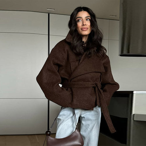 Ladies Cozy Wool Jacket with Loose Fit and Chic Waist Tie