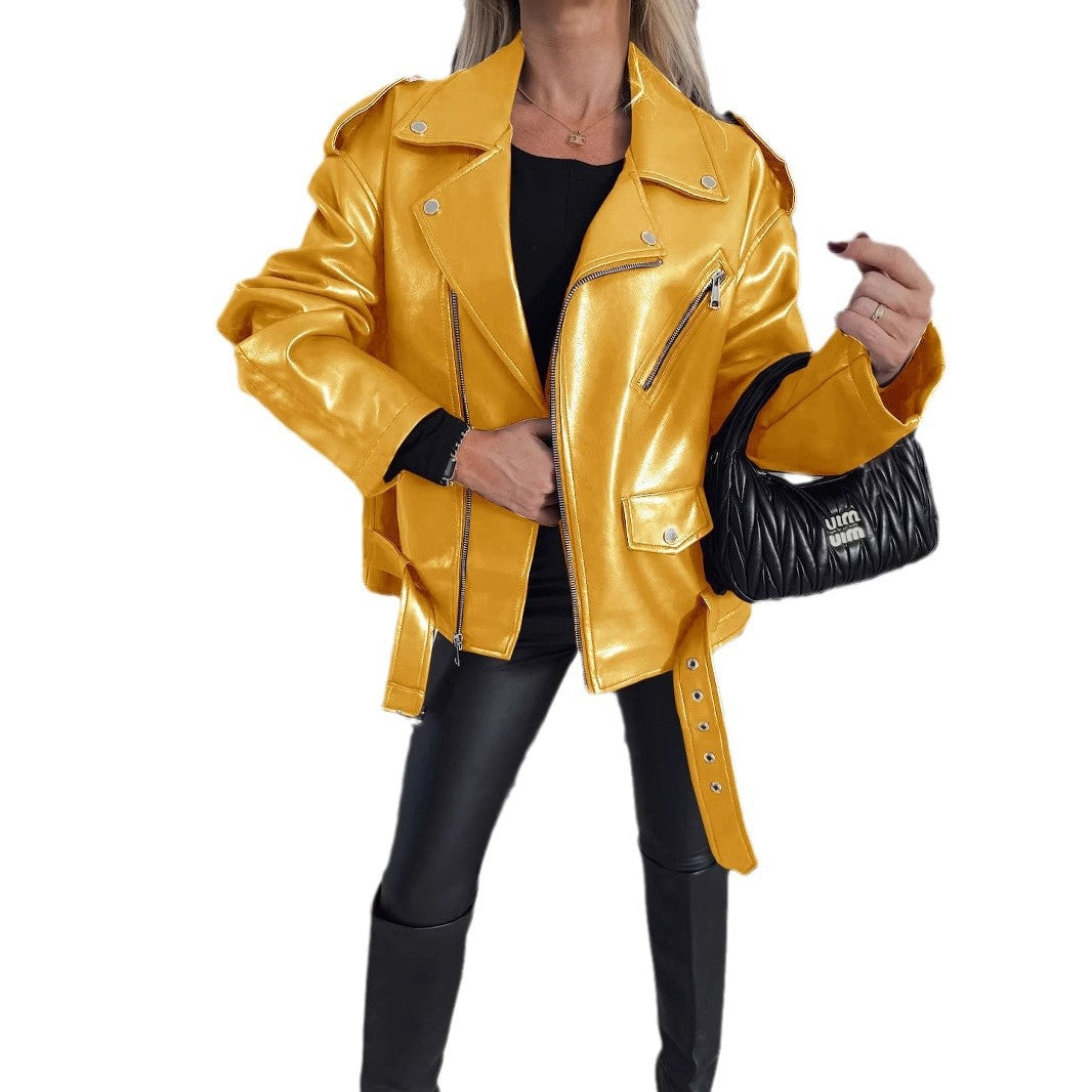 Dames Veste Biker en Faux Cuir avec Fermeture Éclair Asymétrique et Épaules Tombantes Chic & Stil