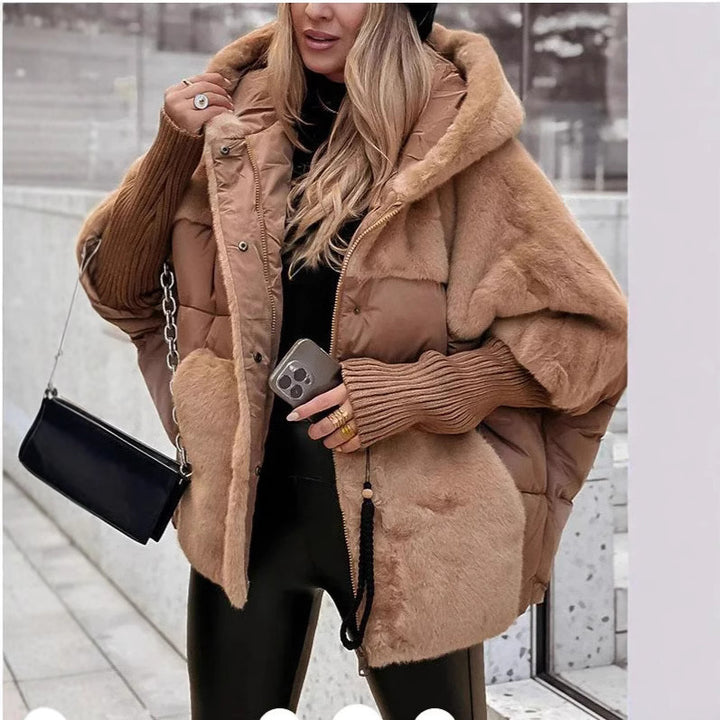 Ladies oversized hooded down jacket with faux fur trim Lune London