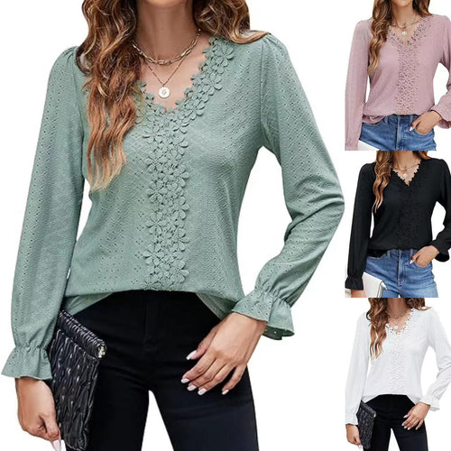 Ladies elegant blouse with floral design and V-neck Lune London