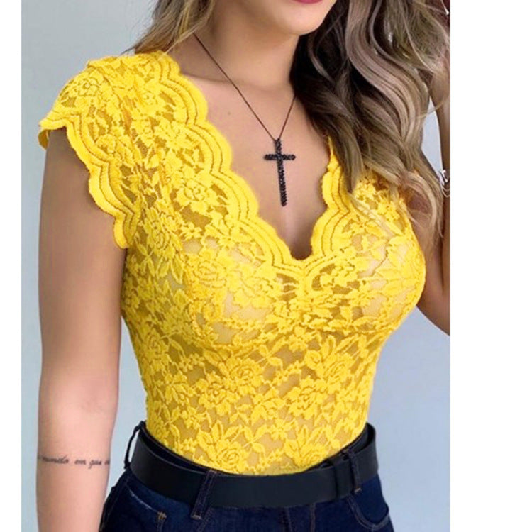 Women's Lace Bodysuit with Deep V-Neck and Ruffle Sleeves Lune London