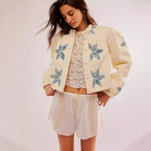 Ladies quilted bomber jacket with floral design Lune London