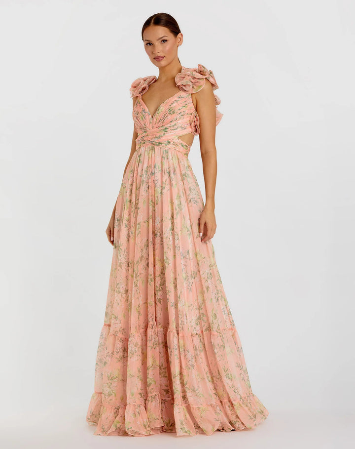 Women's maxi dress with floral ruffles and swinging design