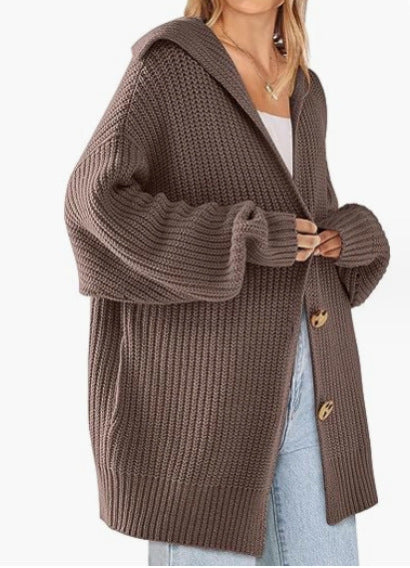 Ladies chunky knit cardigan with hood and trendy button details Lune London