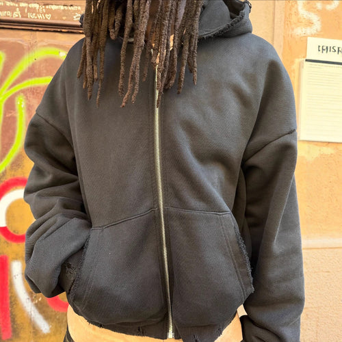 Short women's jacket with zipper and asymmetrical hood design Lune London