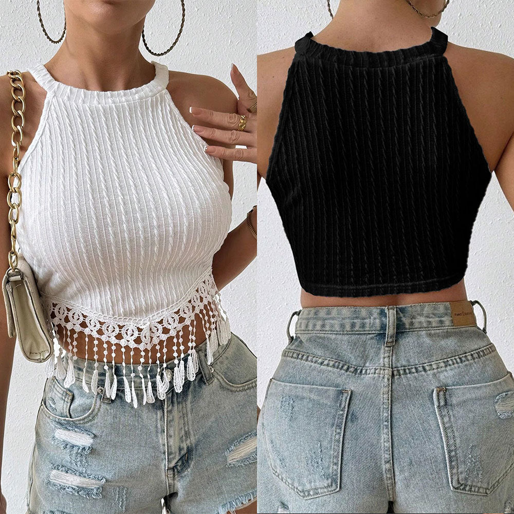 Haut halter pour femmes avec des franges et un fin motif en dentelle Chic & Stil