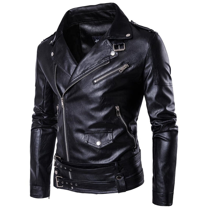 High-quality leather biker jacket for men with asymmetrical zipper and decorative buckles Chic und Stil