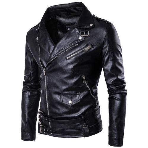 High-quality leather biker jacket for men with asymmetrical zipper and decorative buckles Chic und Stil