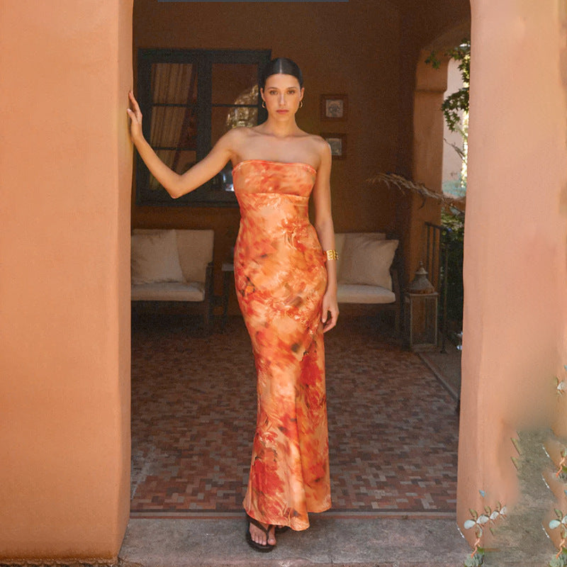 Ladies elegant strapless maxi dress with floral design and fitted cut