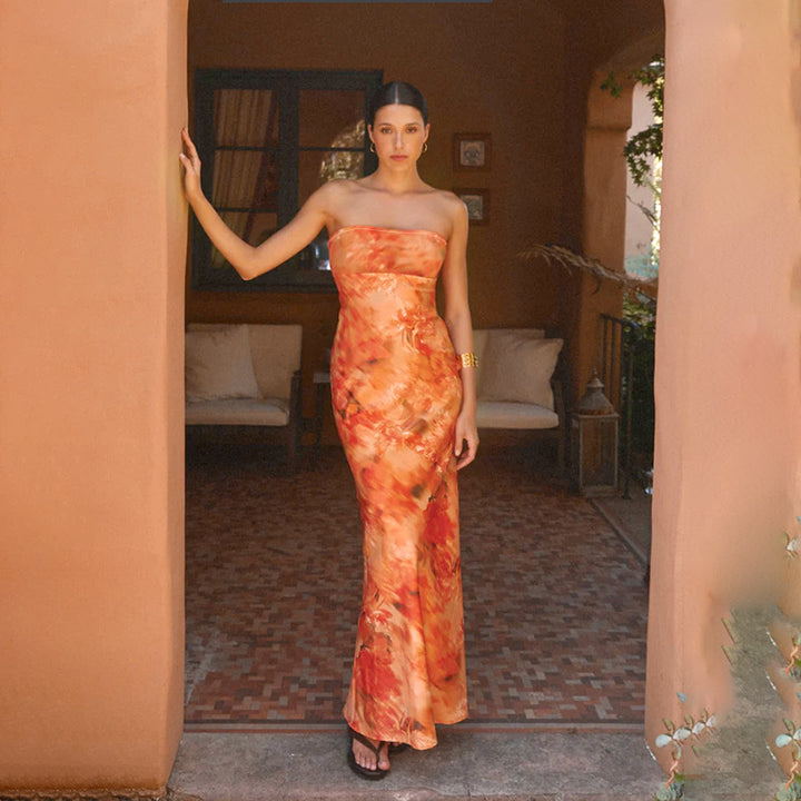 Ladies elegant strapless maxi dress with floral design and fitted cut