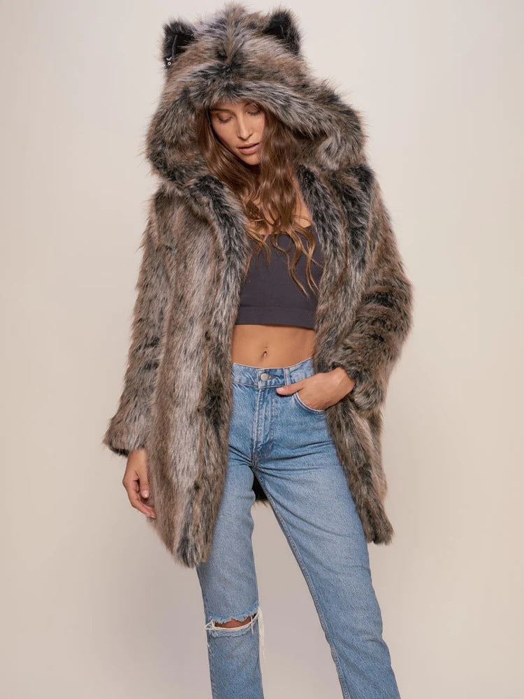 Ladies hooded faux fur coat with ear protectors Lune London