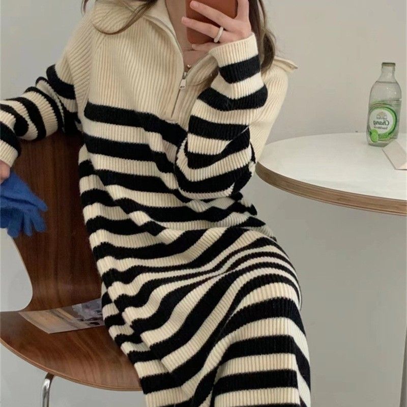 Robe en tricot pour femme avec col montant et demi-zip Chic & Stil