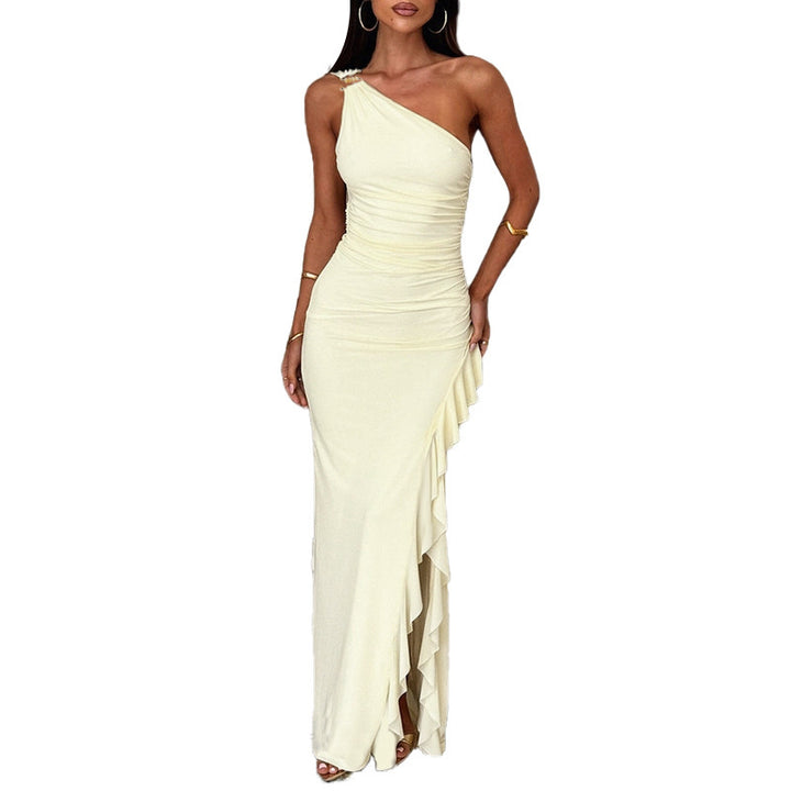 Ladies Ruched Maxi Dress with Asymmetrical Neckline and Playful Ruffle Design