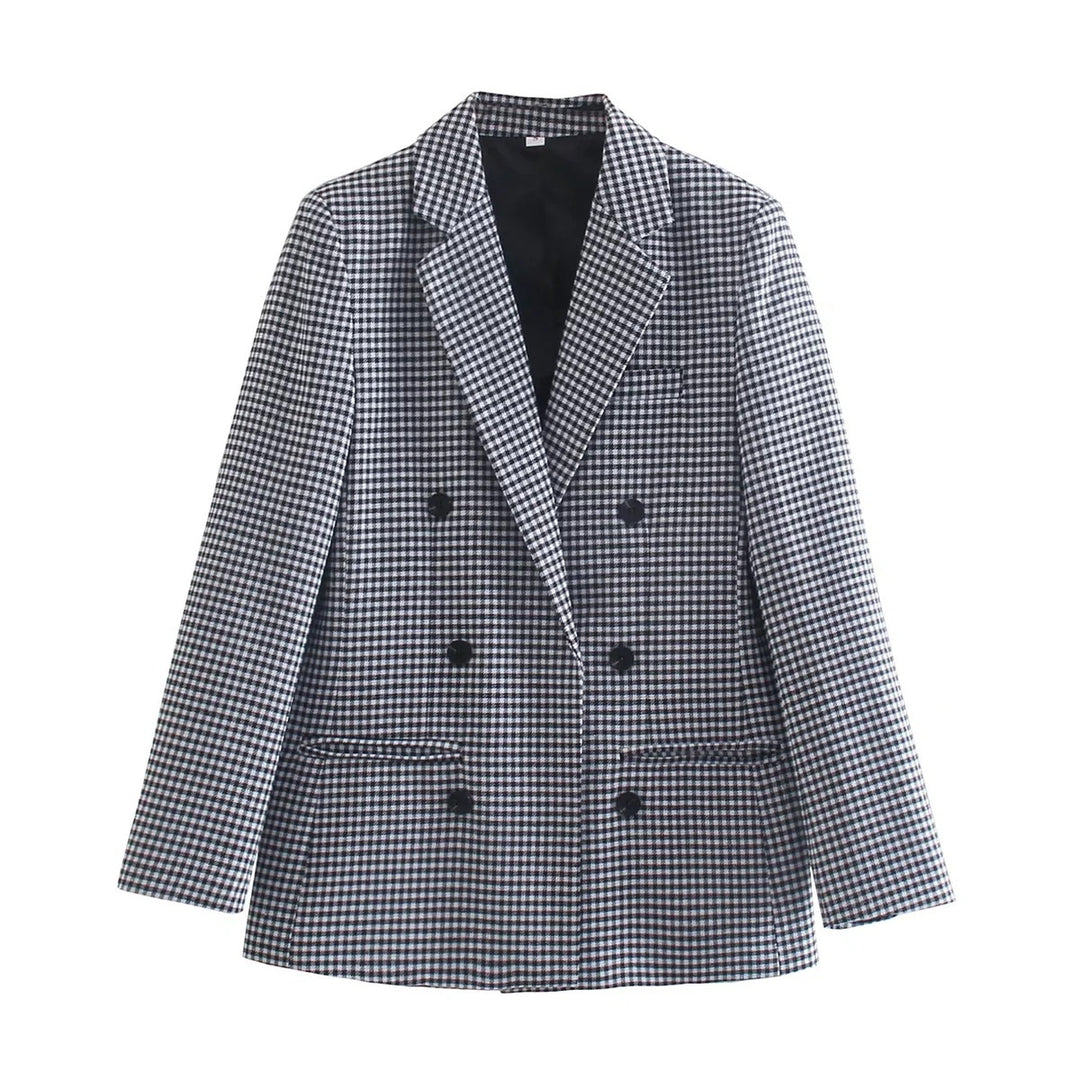 Lune London double-breasted blazer for women with plaid pattern