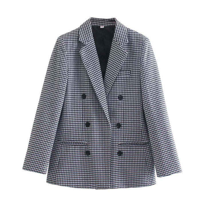 Lune London double-breasted blazer for women with plaid pattern