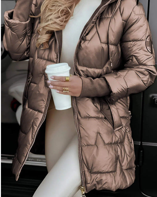 Ladies long quilted jacket with hood and practical pockets Lune London