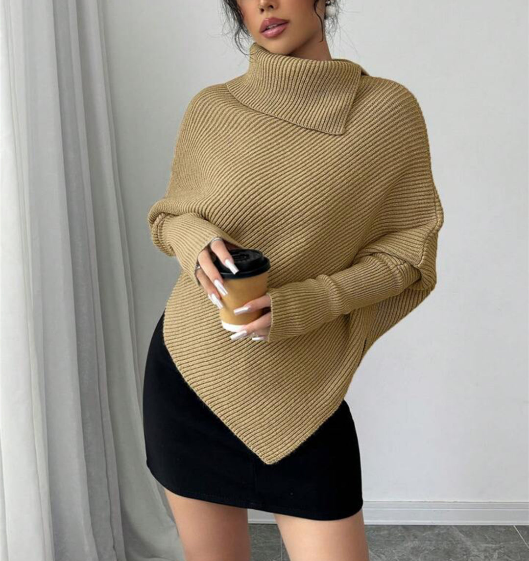 Women oversized knitted sweater with high collar and asymmetrical shape Lune London