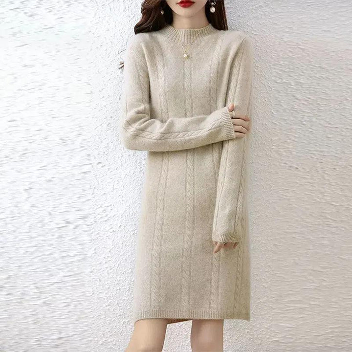 Ladies' knitted dress with elegant braid design and high collar Lune London