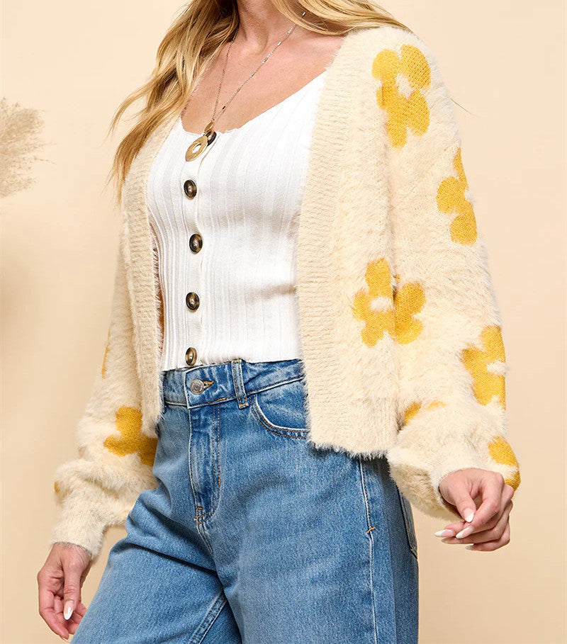 Ladies fluffy cardigan with floral pattern Lune London