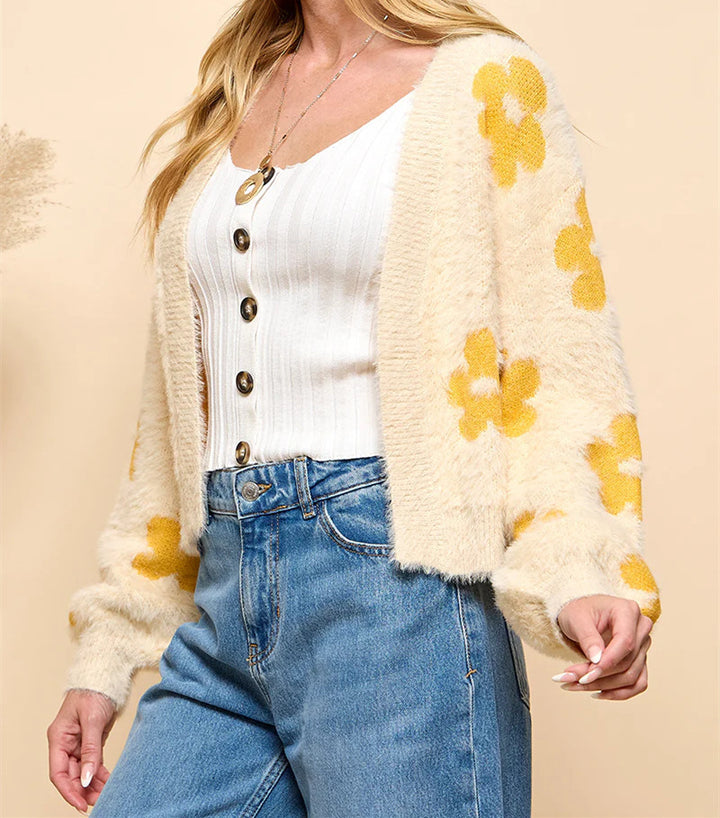 Ladies fluffy cardigan with floral pattern Lune London
