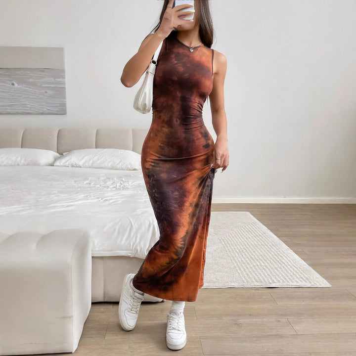 Maxi dress for women with refined batik pattern and fitted cut Lune London