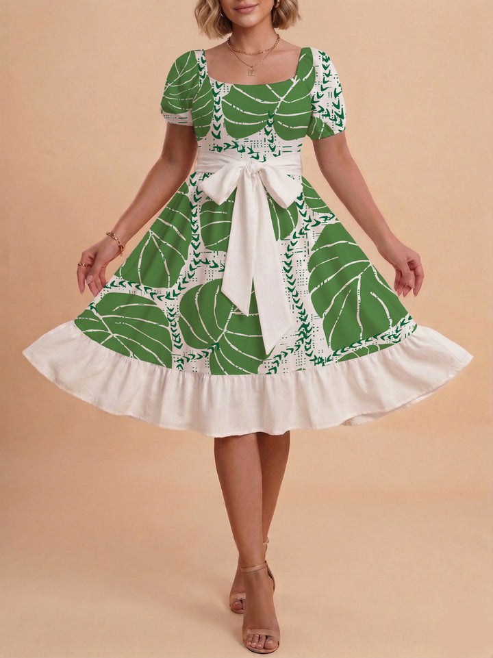 Women A-line dress with floral motifs and adjustable belt Lune London