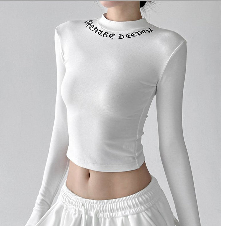 Women's fitted long sleeve shirt with high collar and stylish lettering Chic & Stil