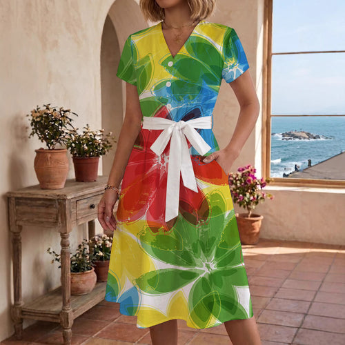 Women’s midi dress with colorful floral design and adjustable tie belt Lune London