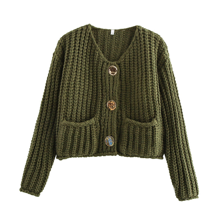 Ladies Sweatshirt in Knit with Large Buttons and Patch Pockets Lune London