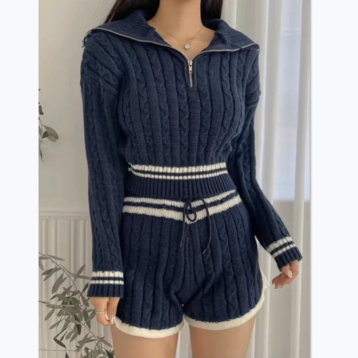 Knitted short sweater for women with a high collar and shorts in the Lune London set