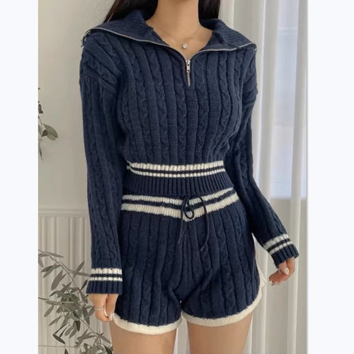 Knitted short sweater for women with a high collar and shorts in the Lune London set