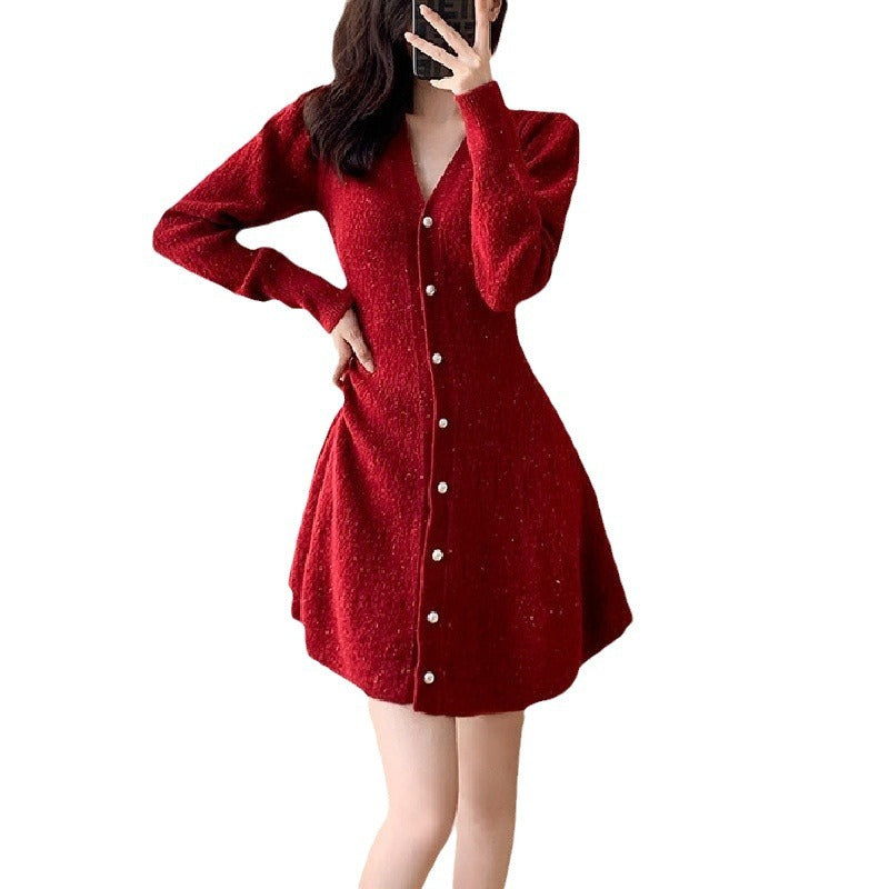 Knitted dress for women with button placket and voluminous sleeves Lune London
