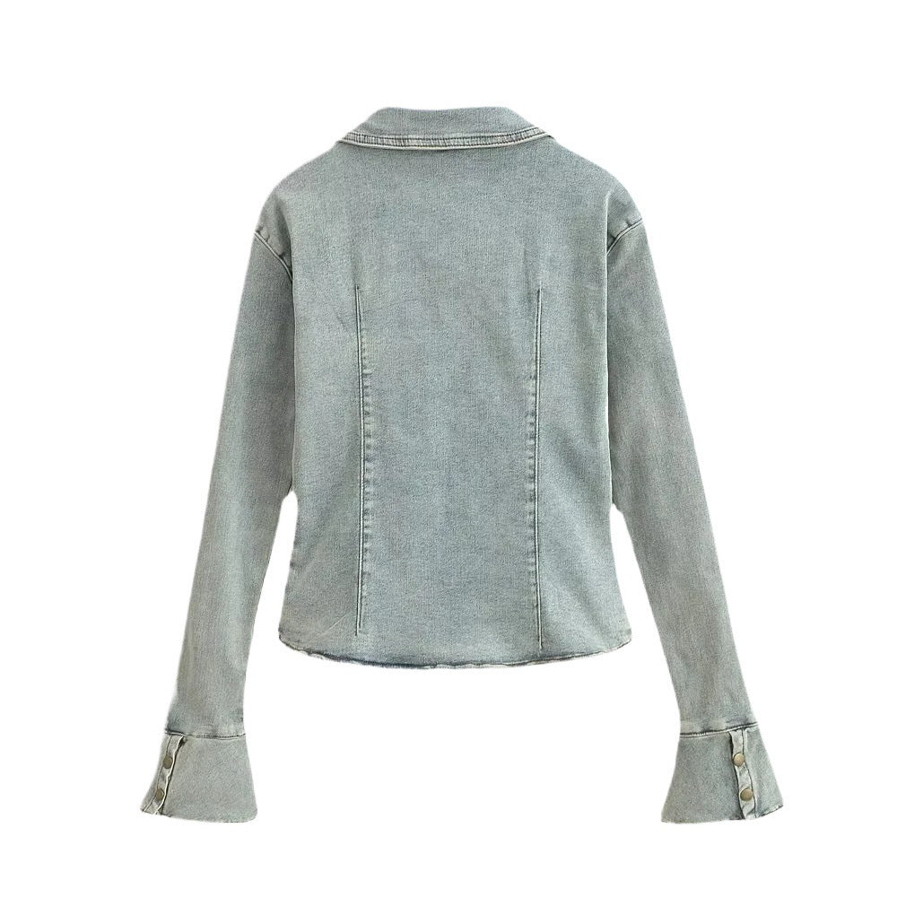 Jean shirt for women with fashionable bell sleeves and chic patch pockets