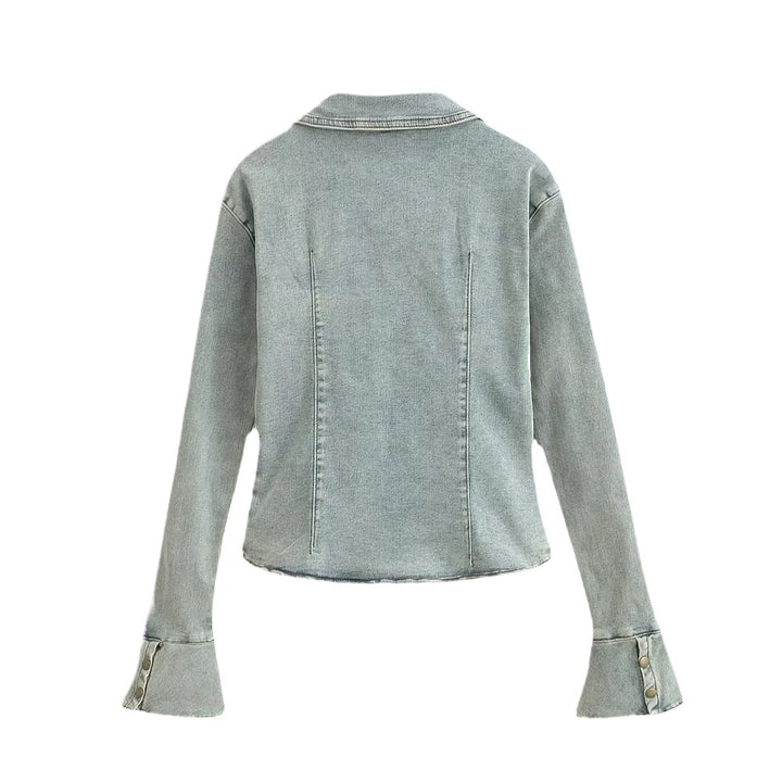 Jean shirt for women with fashionable bell sleeves and chic patch pockets