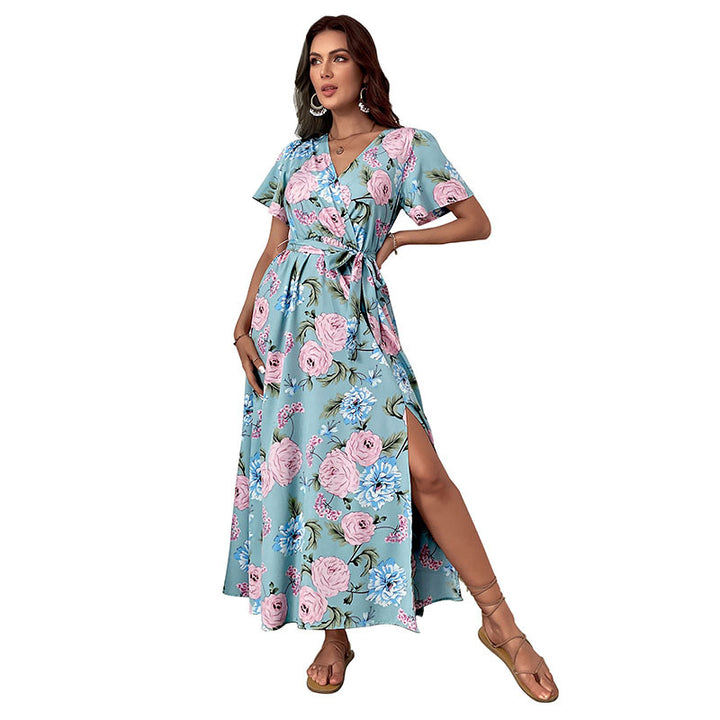 Floral wrap maxi dress for women with high slit Lune London