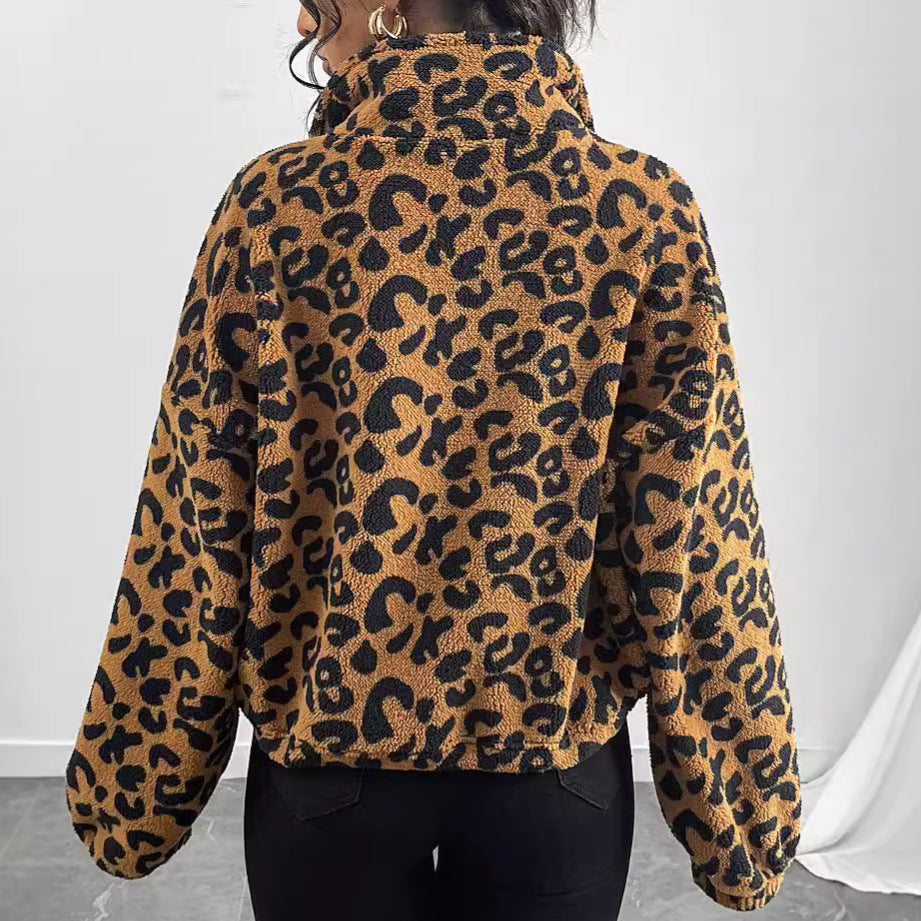 Ladies Short Plush Leopard Print Jacket with High Collar Lune London