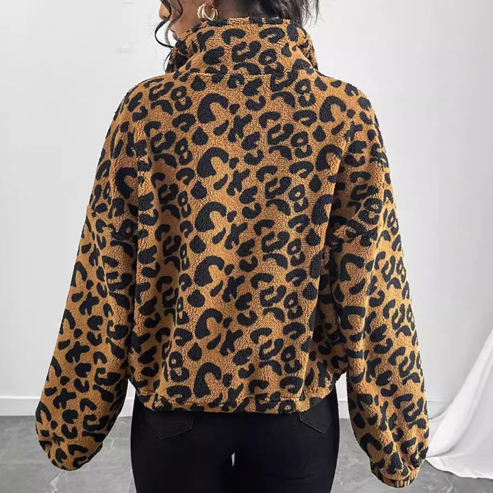 Ladies Short Plush Leopard Print Jacket with High Collar Lune London