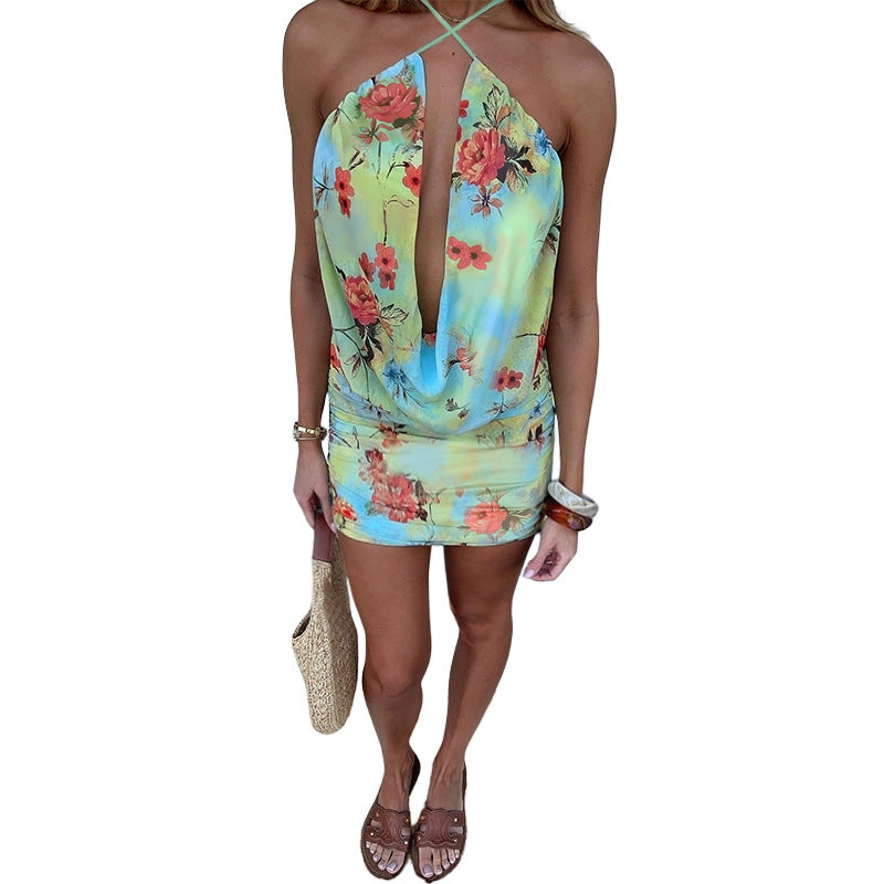 Women's mini dress with deep V-neck and floral design Lune London