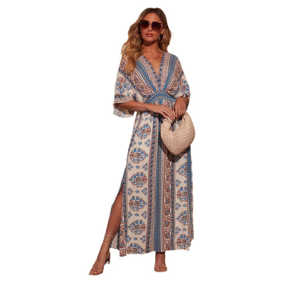 Women's maxi dress with exciting wrap design and voluminous sleeves