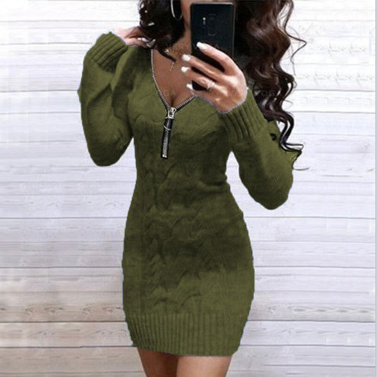 Knit dress for women with deep V-neck and shiny zipper Lune Londonl