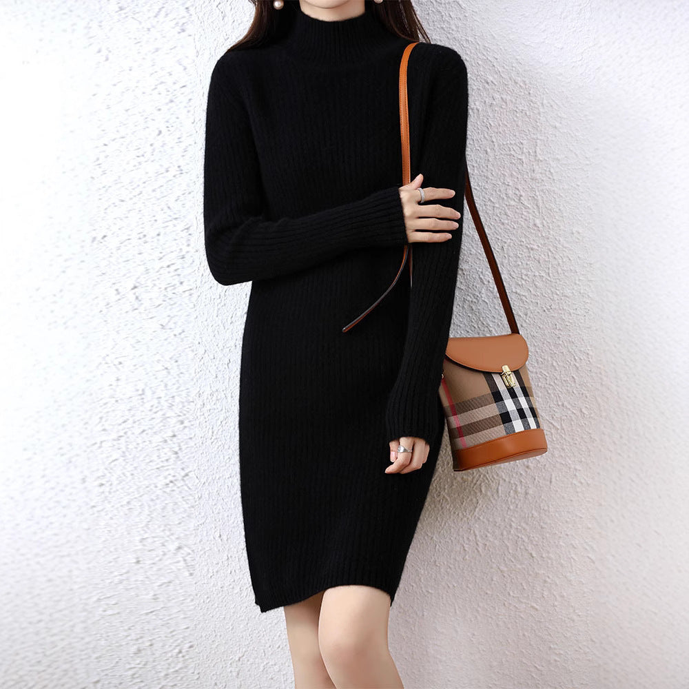 Women's knitted dress with elegant ribbed design and high collar Lune London