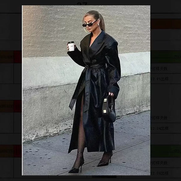 Elegant faux leather trench coat for women with belt Lune London