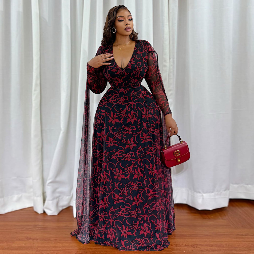 Women's maxi dress with floral transparent design and elegant sleeves Lune London