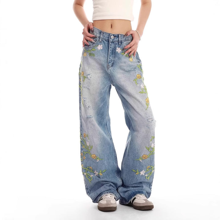 Ladies embroidered wide Denim jeans Lune London