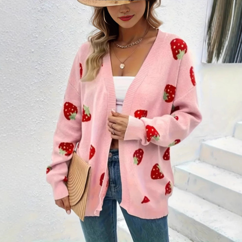 Knit jacket for women with a cheerful strawberry pattern and a soft material Lune London
