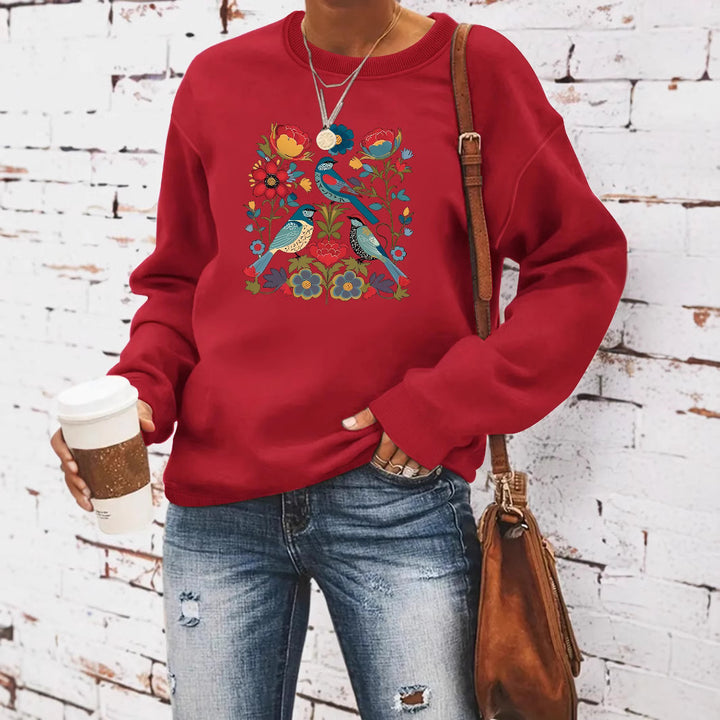 Sweatshirt pour femme avec motif floral d'oiseau et coupe décontractée Chic & Stil