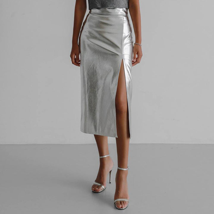 Shiny mid-length skirt for women with high slit and asymmetrical hem Lune London