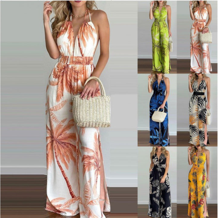 Ladies Tropical Print Jumpsuit High Split Lune London