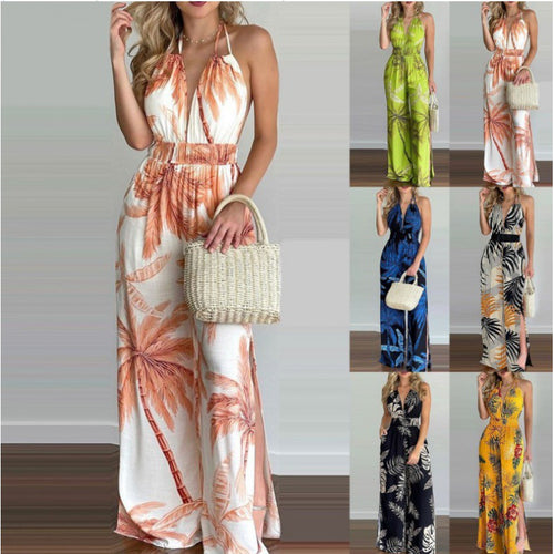 Ladies Tropical Print Jumpsuit High Split Lune London