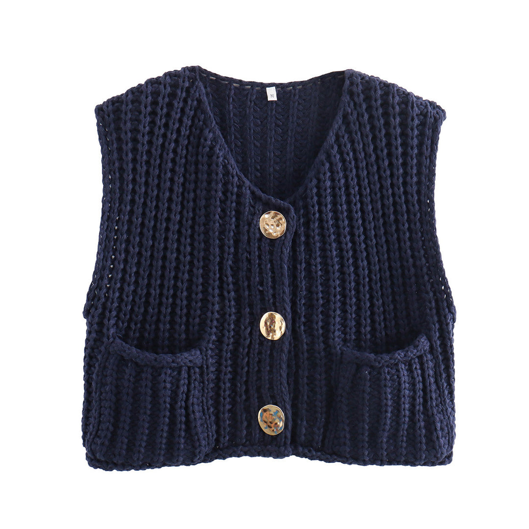 Knitted vest for women with decorative buttons and practical pockets Lune London